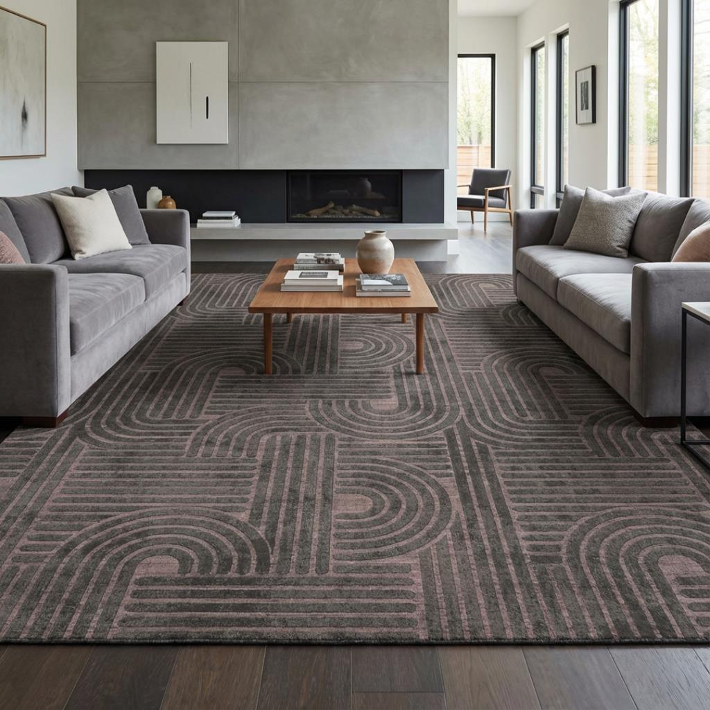 Antrasit Modern Geometrik Desenli Dijital Baskılı Kaymaz Tabanlı Yıkanabilir Halı Dijital Baskı Halı