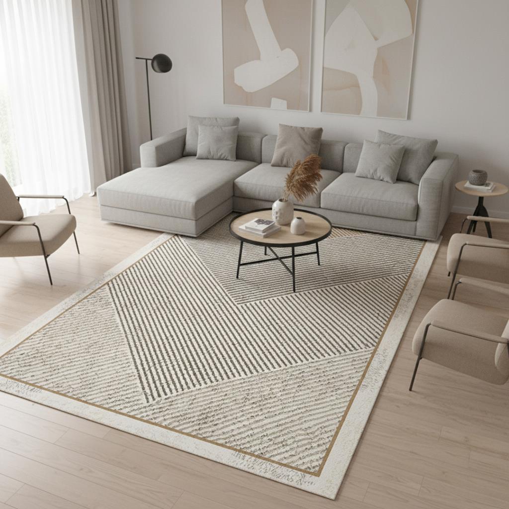 Dijital Baskılı Kahve–Bej Modern Halı – Kaymaz Tabanlı Geometrik Desenli Kolay Temizlenebilir Kaymaz
