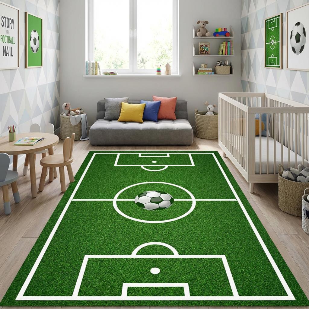 Futbol Sahası Desenli Çocuk Odası Halısı – Kaymaz Tabanlı Yıkanabilir Dijital Baskı Halı Dijital