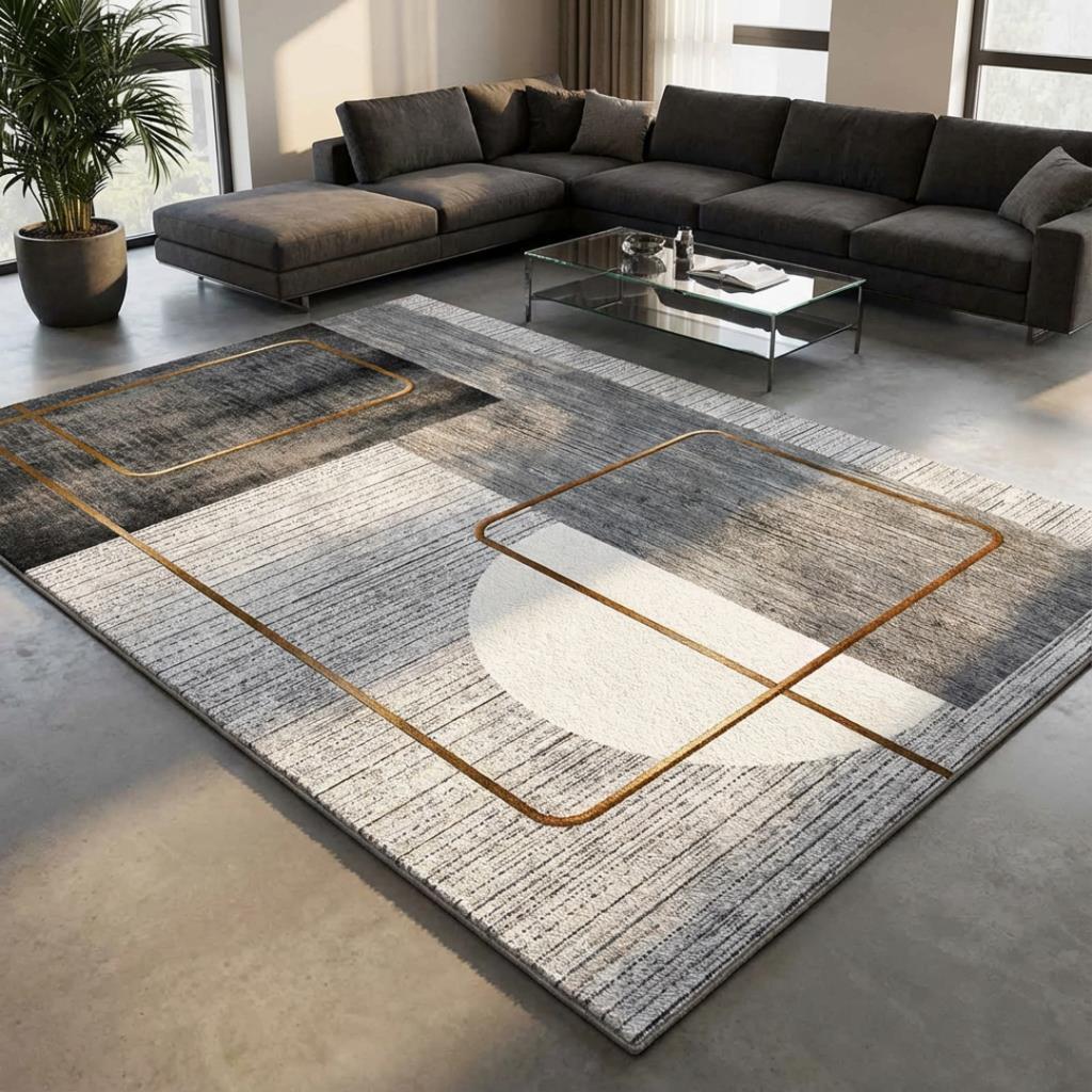 Gri Altın Çizgili Geometrik Desenli Dijital Baskılı Kaymaz Tabanlı Yıkanabilir Modern Halı Dijital