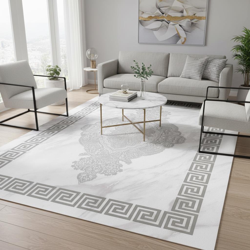 Gri Beyaz Dijital Baskılı Halı Kaymaz Tabanlı Modern Geometrik Bordürlü Dekoratif Salon ve Oda Taban
