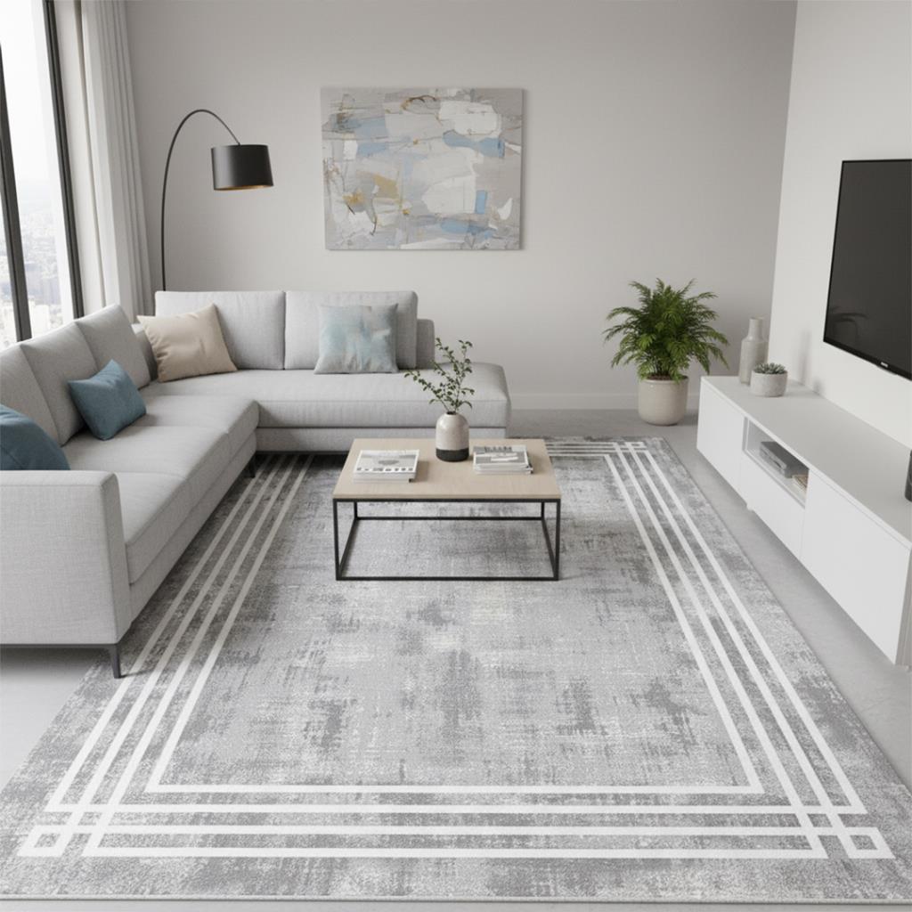 Gri Beyaz Modern Çerçeve Desenli Dijital Baskılı Halı – Kaymaz Tabanlı, Minimal Dokulu Şık Salon ve