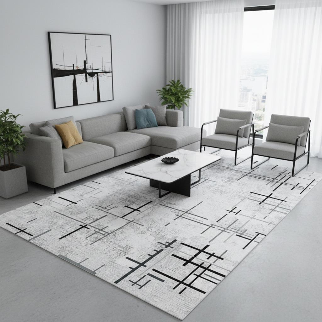 Gri Beyaz Soyut Çizgili Dijital Baskılı Halı – Kaymaz Tabanlı, Modern Minimal Desenli Salon Ev ve