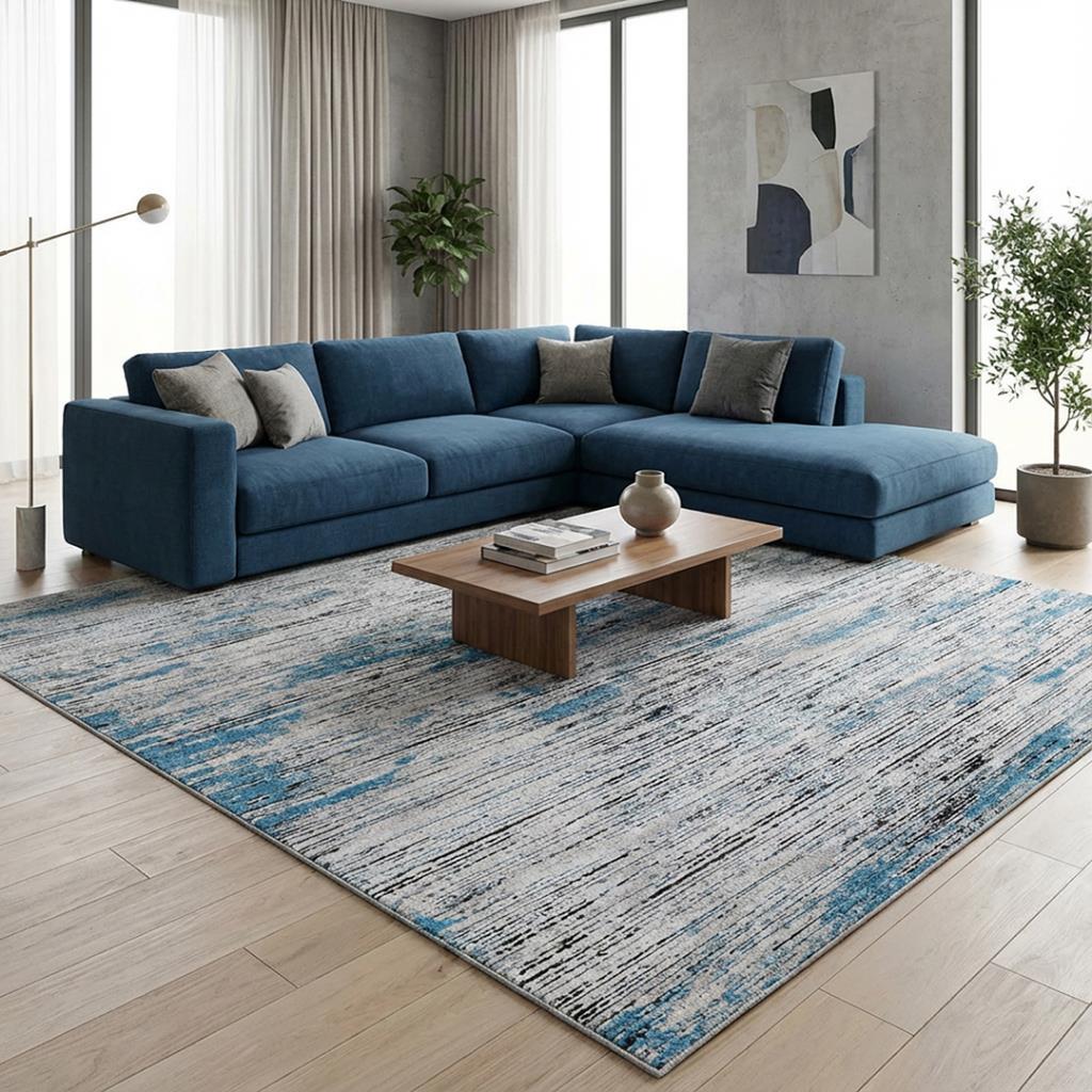 Gri Mavi Salon Halısı Modern Dokulu Dijital Baskılı Kaymaz Tabanlı Halı Dijital Baskı Halı 7 mm
