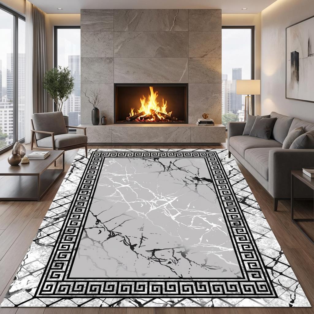 Gri Mermer Desenli Halı Dijital Baskılı Kaymaz Tabanlı Modern Salon Oda Halısı Dijital Baskı Halı 7