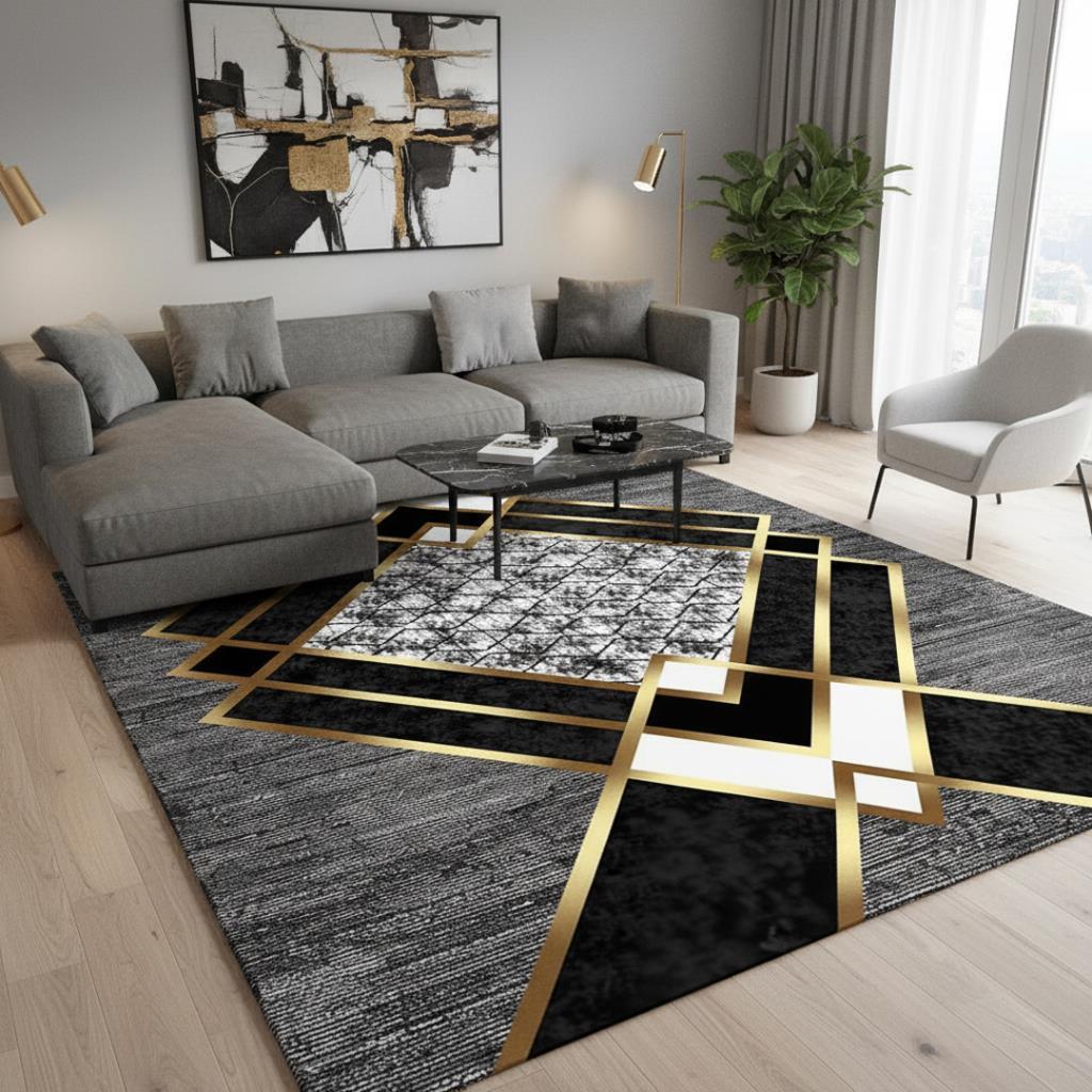 Gri ve Altın renklerde Modern Geometrik Desenli Dijital Baskılı Halı – Kaymaz Tabanlı, Üçgen ve