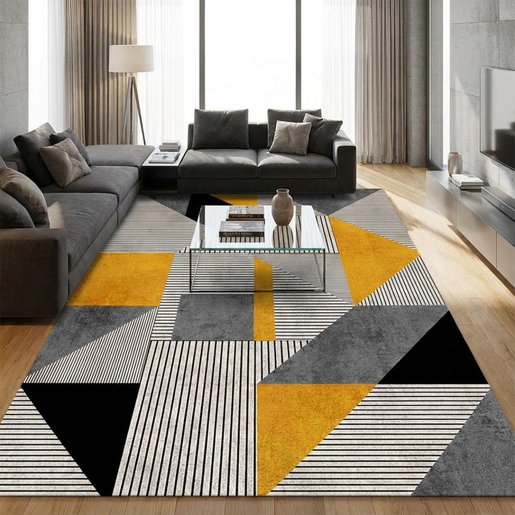 Hardal Gri Geometrik Üçgen Desenli Modern Dijital Baskılı Kaymaz Tabanlı Yıkanabilir Halı Dijital
