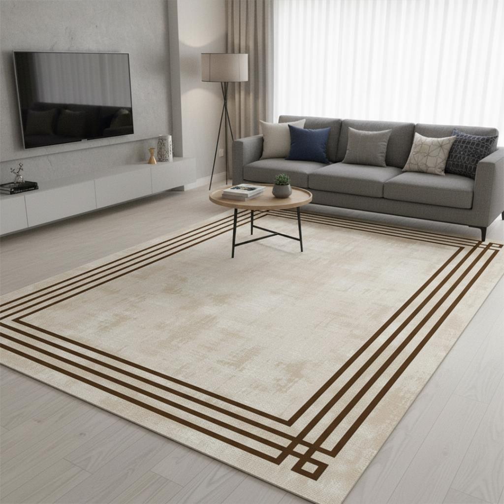 Kahve Bej Modern Çerçeve Desenli Dijital Baskılı Halı – Kaymaz Tabanlı, Minimal Dokulu Şık Salon ve