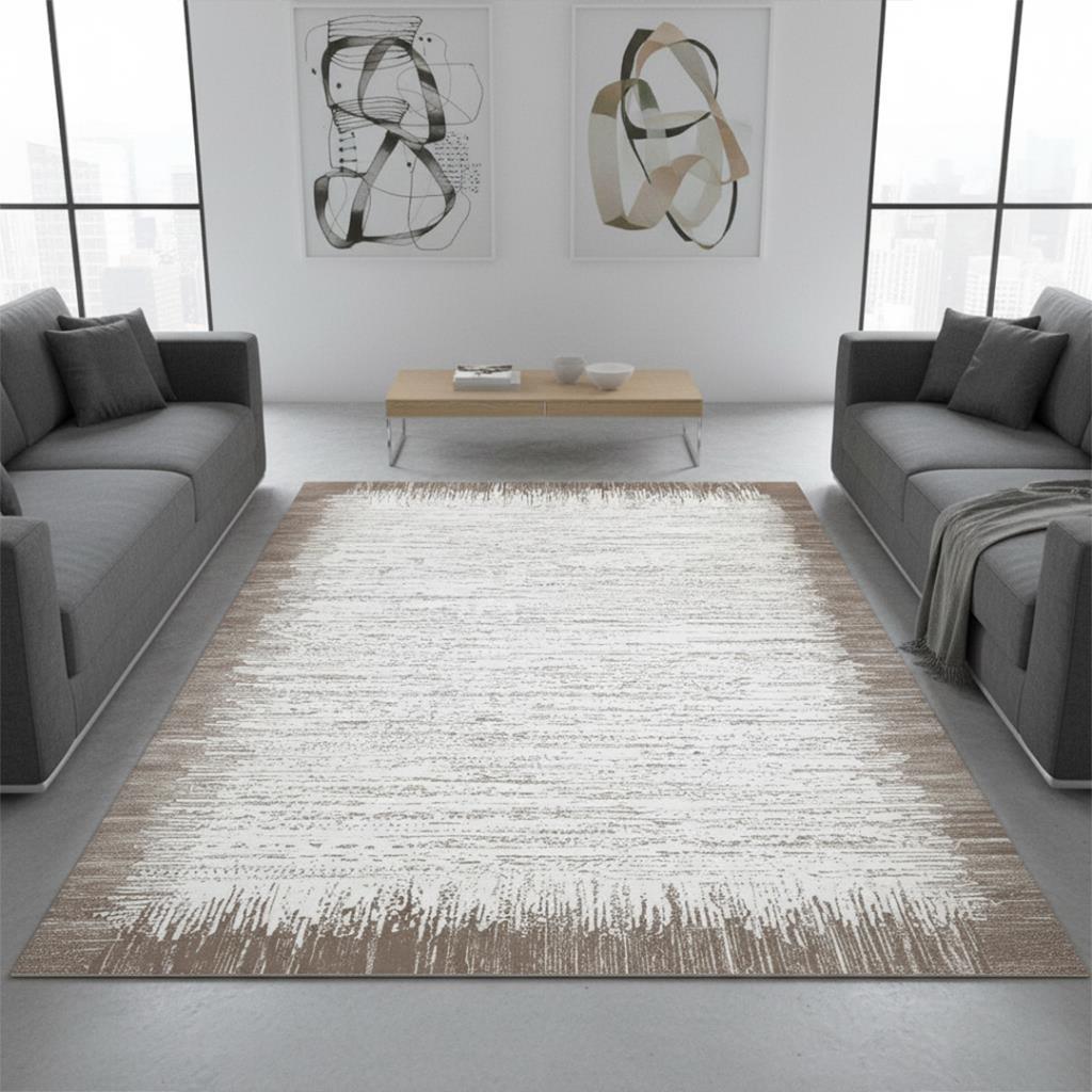 Kahve Beyaz Modern Geçişli Dijital Baskılı Halı – Kaymaz Tabanlı, Minimal Dokulu Şık Salon ve Oda