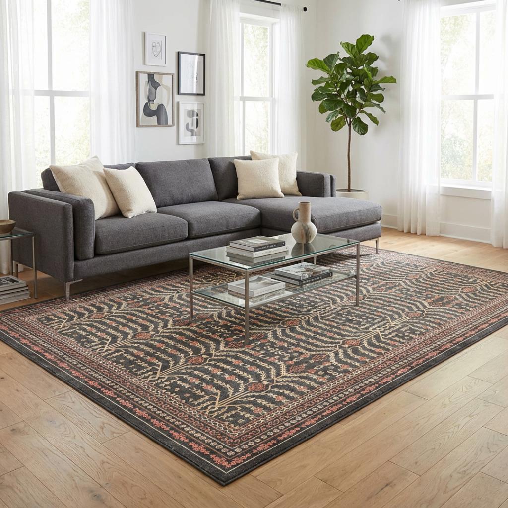 Kahve Tonlu Salon Halısı Dijital Baskılı Kaymaz Tabanlı Klasik Desenli Halı Dijital Baskı Halı 7 mm