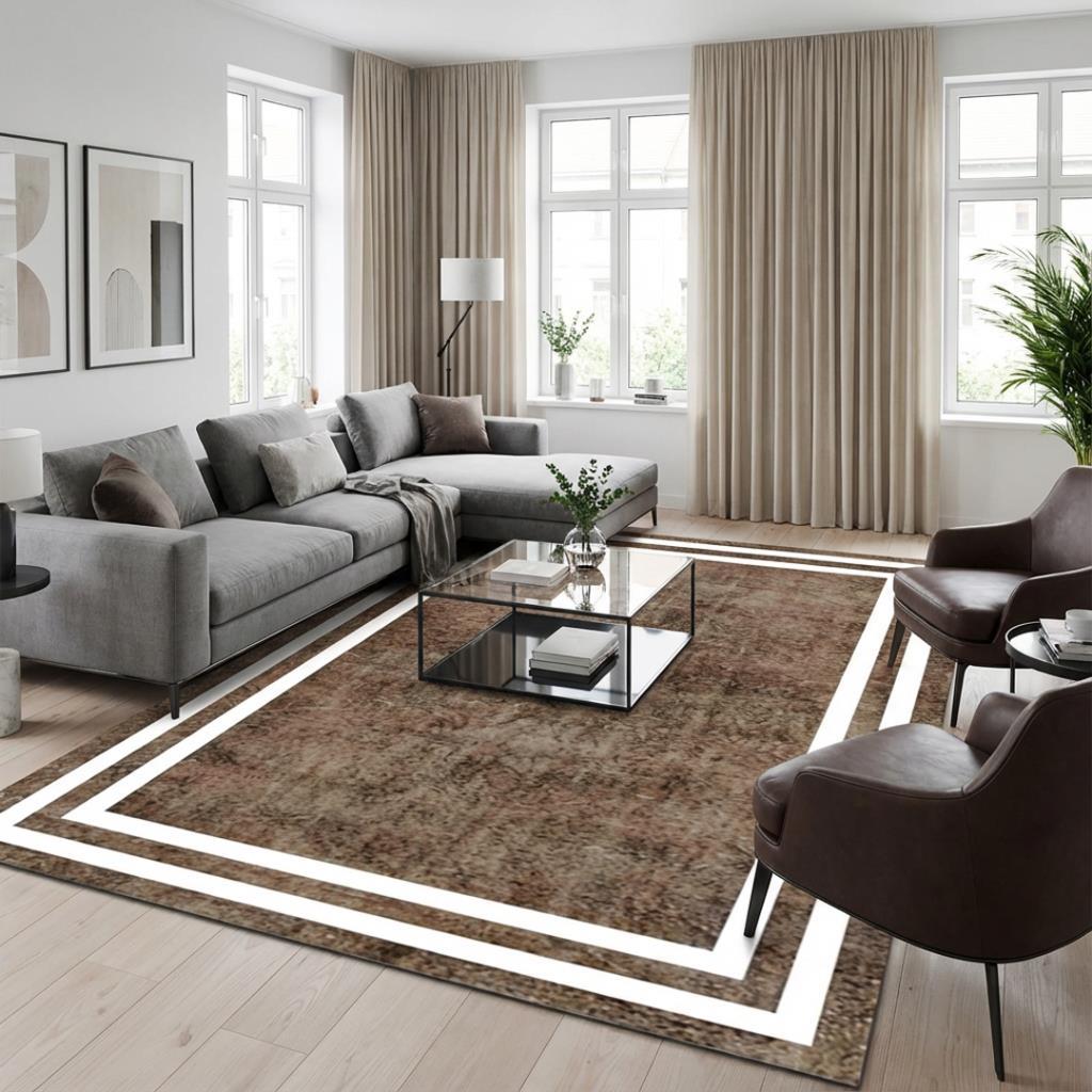 Kahverengi Beyaz Modern Salon Halısı Çerçeve Desenli Dijital Baskılı Kaymaz Tabanlı Halı Dijital