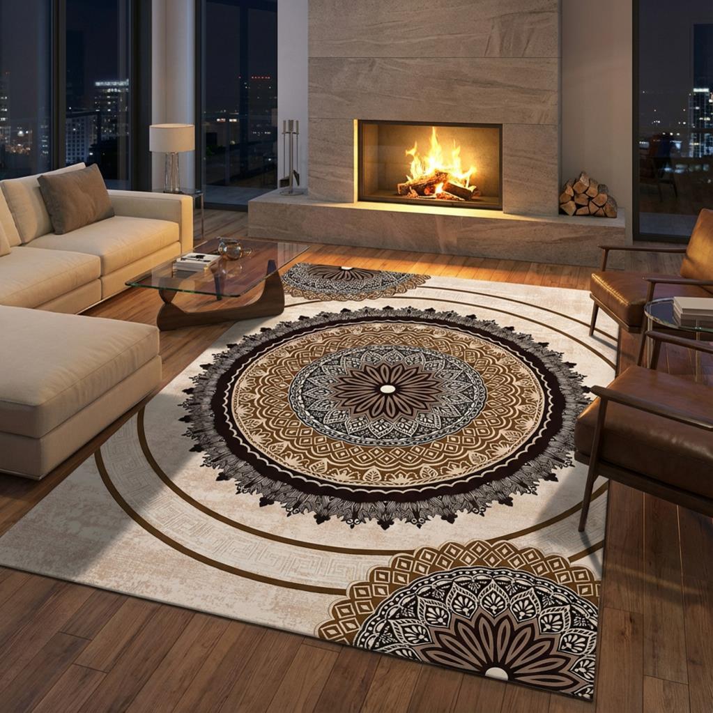 Kahverengi Bej tonlarda Mandala Desenli Dijital Baskılı Kaymaz Tabanlı Halı Dijital Baskı Halı 7 mm