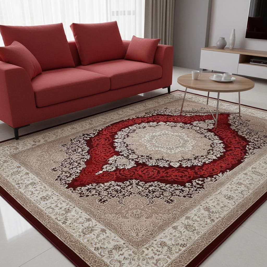 Klasik Madalyonlu Bordo Krem Halı – Antik Desenli, Şık ve Zamansız Tasarım Dijital Baskı Halı 7 mm