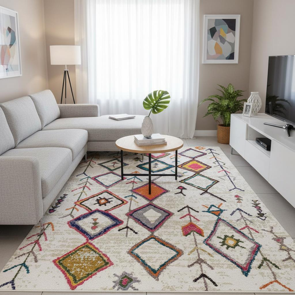 Krem Çok Renkli Boho Motifli Dijital Baskılı Halı – Kaymaz Tabanlı, Geometrik Modern Desenli Salon