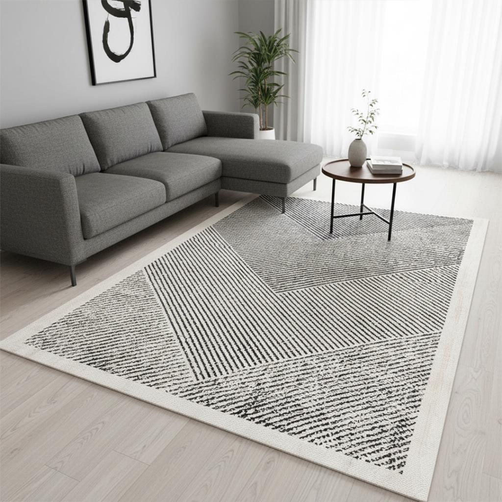 Krem Gri Modern Çizgili Dijital Baskılı Halı – Kaymaz Tabanlı, Minimal Geometrik Desenli Şık Salon