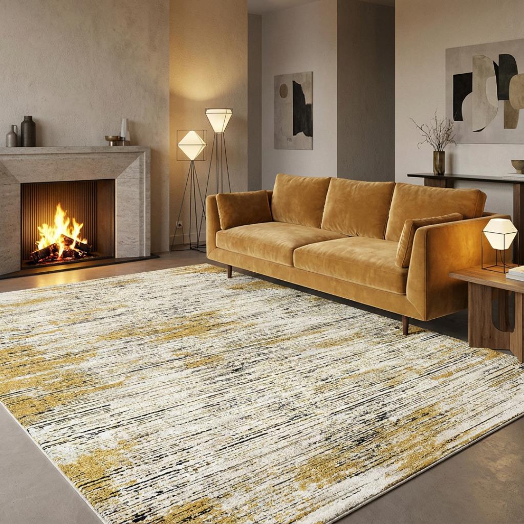 Krem Hardal Sarısı Salon Halısı Modern Dokulu Dijital Baskılı Kaymaz Tabanlı Halı Dijital Baskı Halı