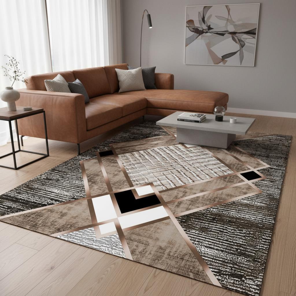 Krem ve Bakır renklerde Modern Geometrik Desenli Dijital Baskılı Halı – Kaymaz Tabanlı, Üçgen ve