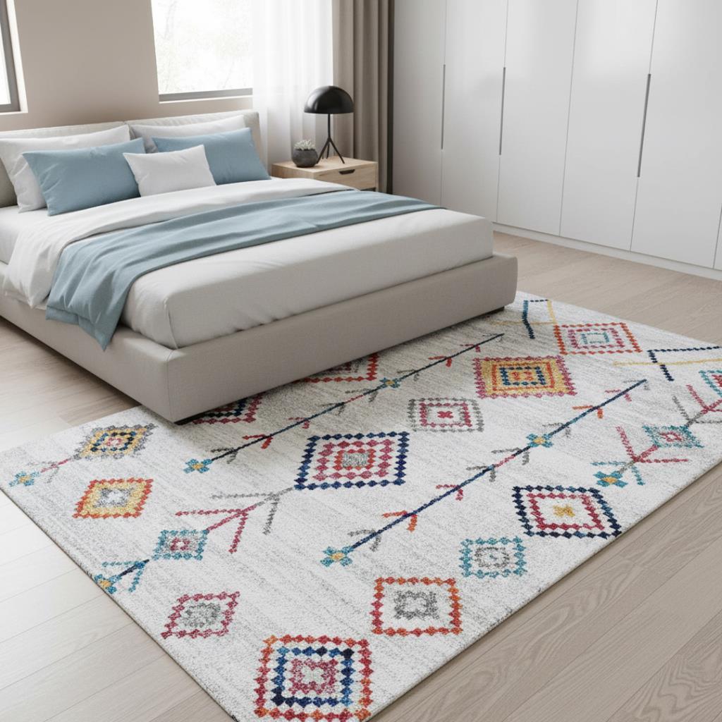 Krem ve Çok Renkli Boho Motifli Otantik Dijital Baskı Halı – Kaymaz Tabanlı, Geometrik Desenli Taban