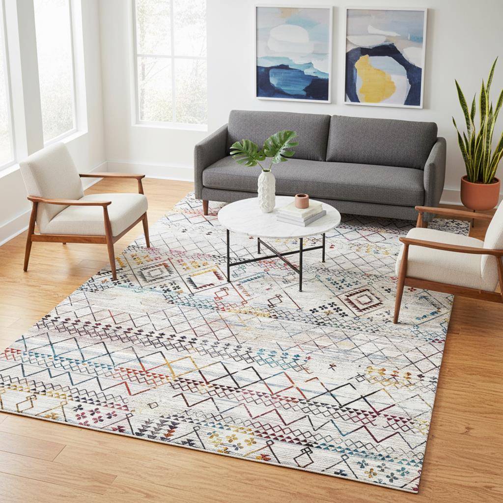 Krem ve Çok Renkli Etnik Desenli Dijital Baskılı Halı Kaymaz Tabanlı, Modern Boho Çizgili Salon ve