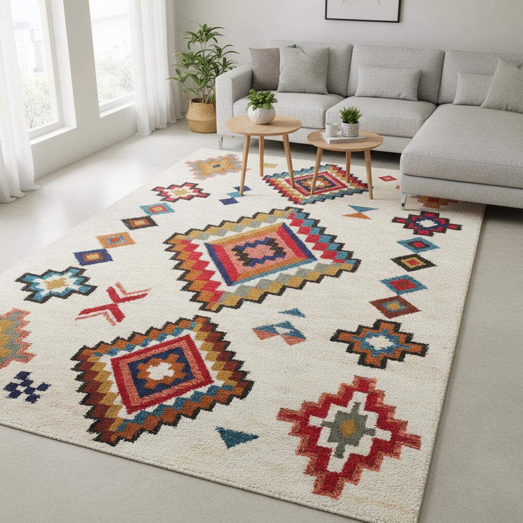 Krem ve Renkli Etnik Desenli Dijital Baskılı Halı Kaymaz Taban Modern Boho Tarz Salon Oda Halısı