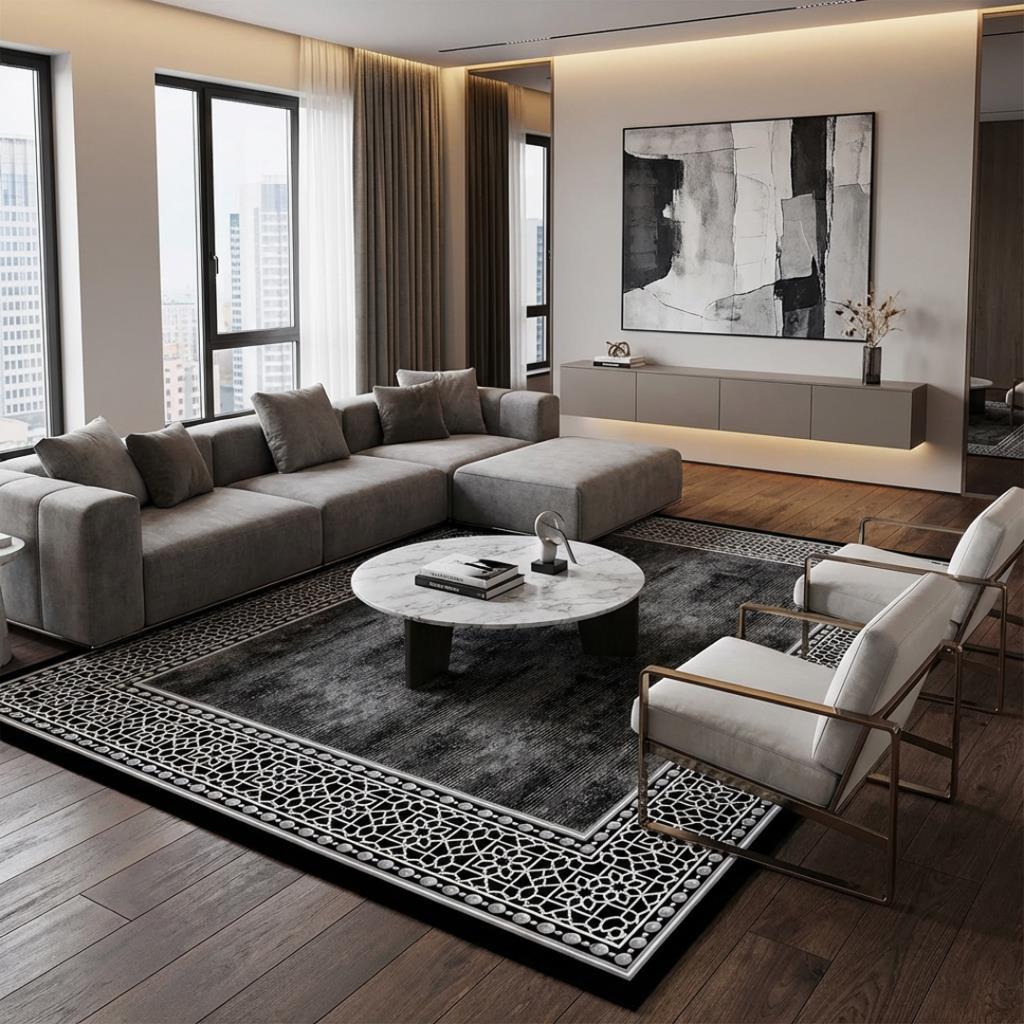 Siyah Beyaz Geometrik Desenli Salon Halısı Dijital Baskılı Kaymaz Tabanlı Halı Dijital Baskı Halı 7