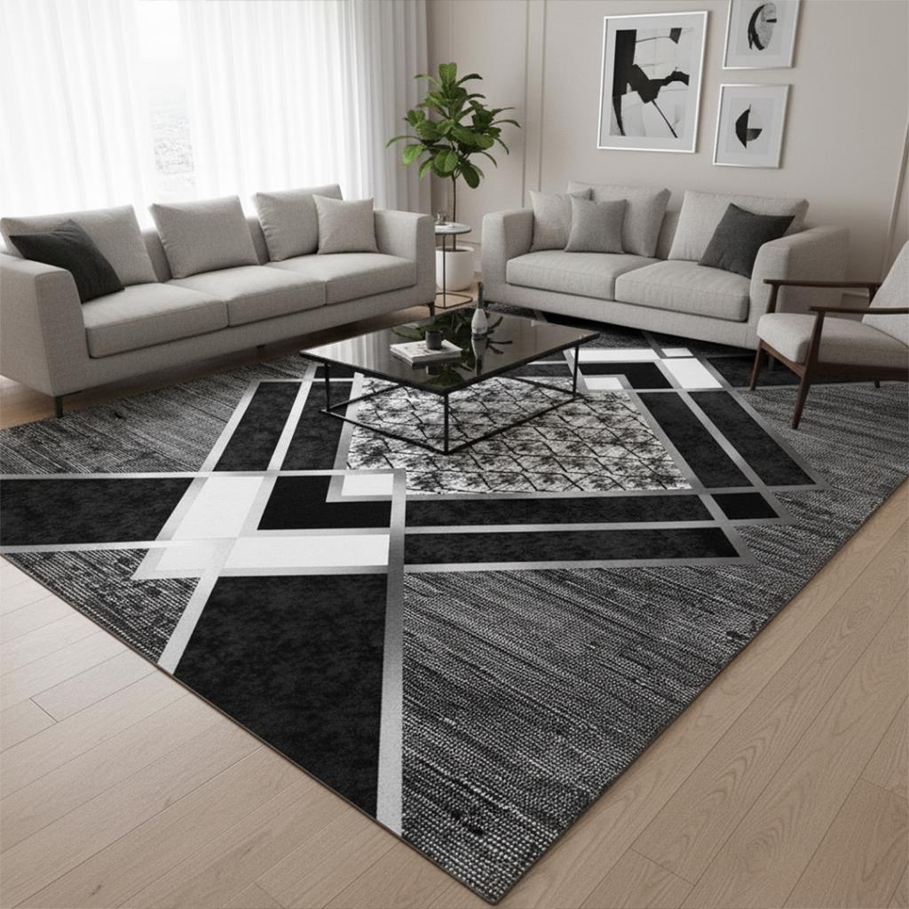 Siyah Gri Modern Geometrik Desenli Dijital Baskılı Halı – Kaymaz Tabanlı, Üçgen ve Elmas Formlu Şık 