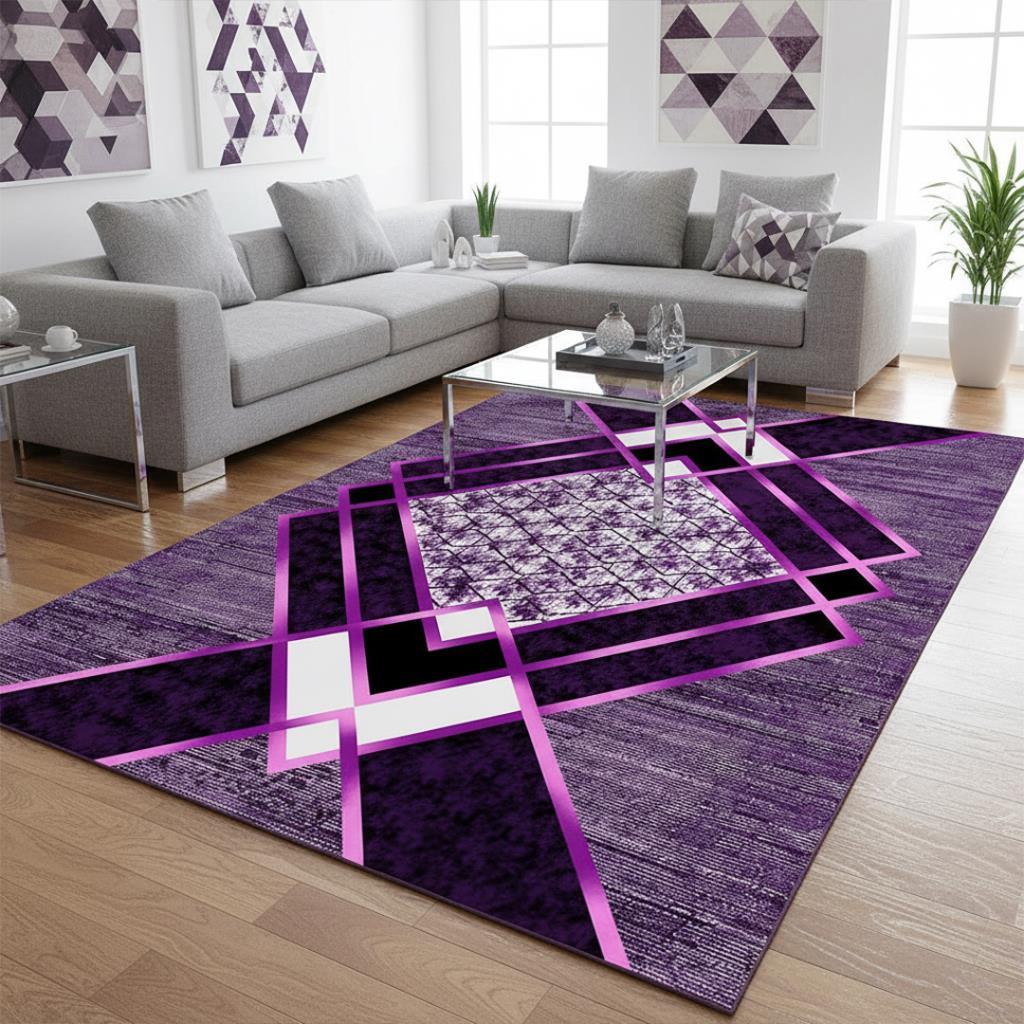 Siyah Lila Modern Geometrik Desenli Dijital Baskılı Halı – Kaymaz Tabanlı, Üçgen ve Elmas Formlu Şık