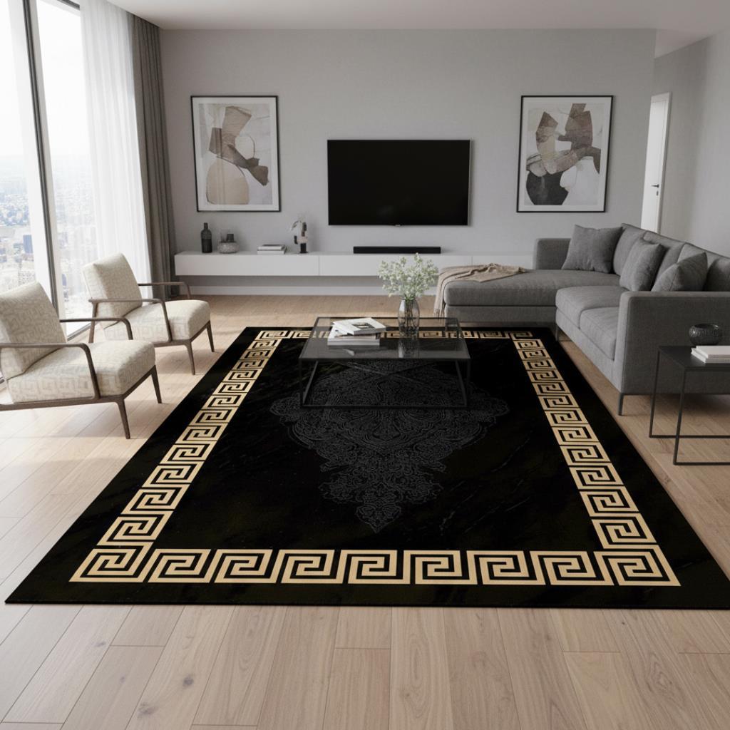 Siyah ve Altın Desenli Dijital Baskılı Halı Kaymaz Tabanlı Modern Geometrik Bordürlü Dekoratif Salon