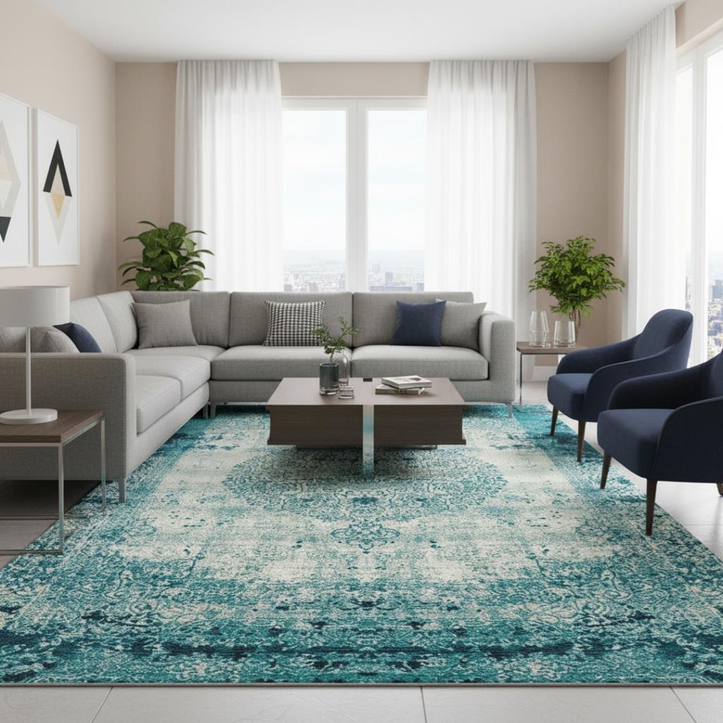 Turkuaz Eskitme Halı Dijital Baskılı Modern Kaymaz Tabanlı Yıkanabilir Leke Tutmaz Antibakteriyel